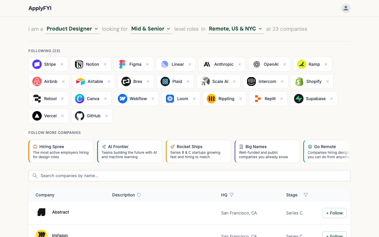 ApplyFYI companies browser