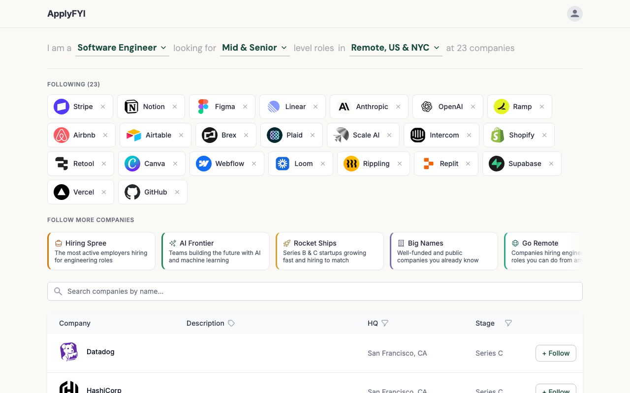 ApplyFYI companies browser